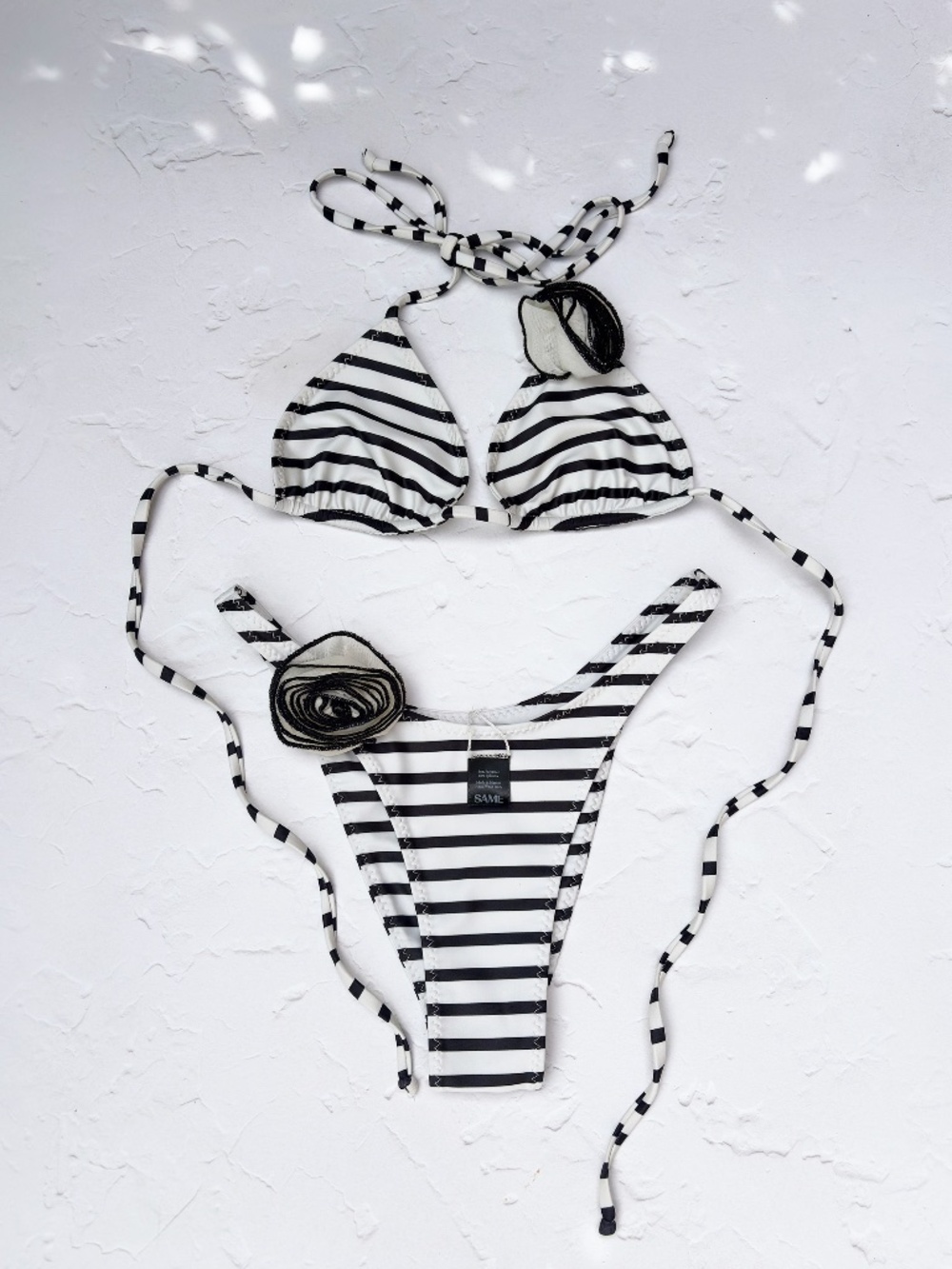 SAME Womens M Black White Striped Bikini Set Triangle Top Side Tie Rosette